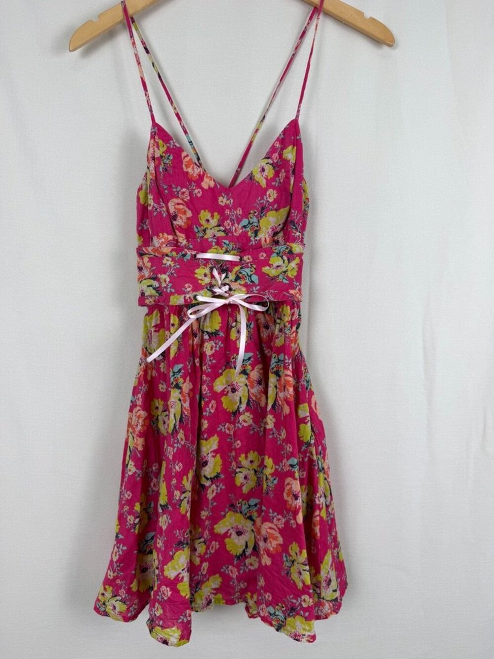 Kimchi Blue‎ Hot Pink Floral Corset Lace Up Mini Dress Pockets Womens Size 2